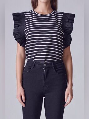 English Factory Ruffle Cap Sleeve Striped Top Size 2X Black and White